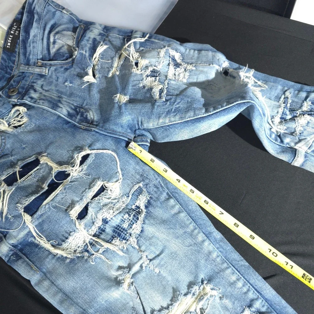 Smoke Rise Distressed Flare Jeans Men 30x36 Blue Streetwear Ripped Repaired Slim